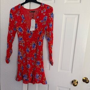 Zara Vibrant Red and Blue Floral Long Sleeve Dress